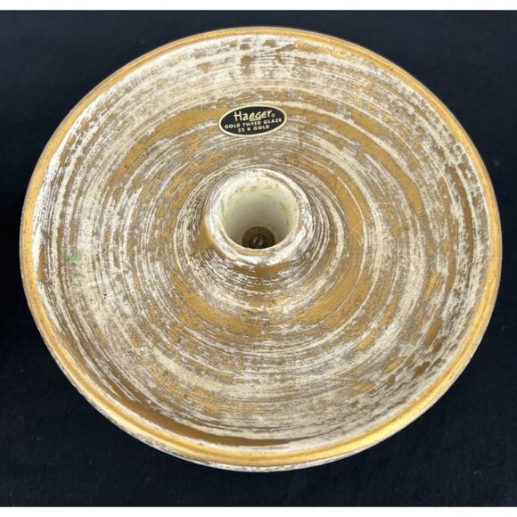 Haeger Gold Tweed Glaze Candleholders 22kt Lot of 2 Ceramic 4" Tall Wood Base - Picture 5 of 12